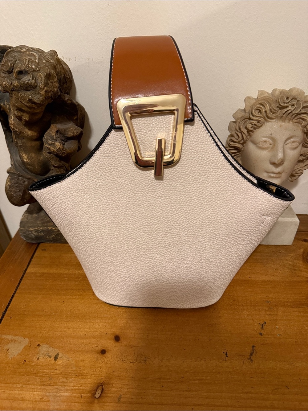 Cream and Brown Mini Tote with Gold-Tone Buckle